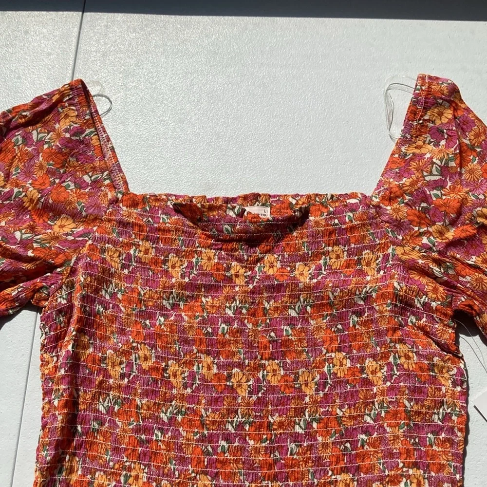 3/$24 SO crop top floral print smocked bodice puff sleeve boho cottagecore L jr - Picture 7 of 17